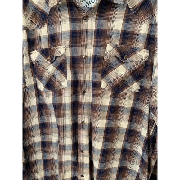 BULLHEAD Pearl Snap Mens Long Sleeve Brown Plaid Flannel Shirt - Size XL - Picture 5 of 9